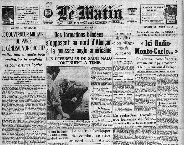 Le Matin 15 août 1944 Dernier article DE BEAUPLAN